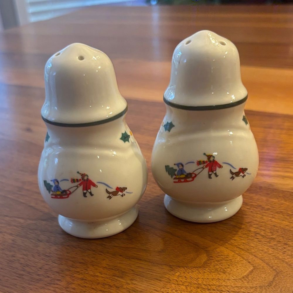 Pfaltzgraff Christmas White Green Salt & Pepper Shaker Set Santa on his sleigh